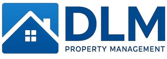 DLM Property Management logo: blue square with a house silhouette and window, plus 'DLM' text and 'PROPERTY MANAGEMENT' phrase.